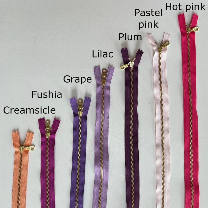 Lilac YKK metal gold zipper 6" to 22"