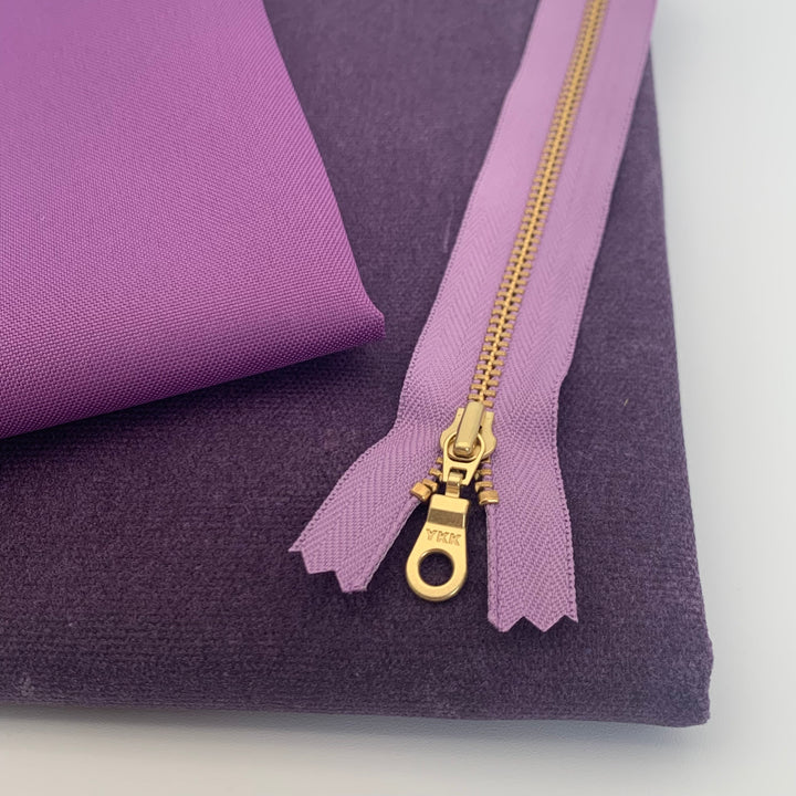 Lilac YKK metal gold zipper 6" to 22"