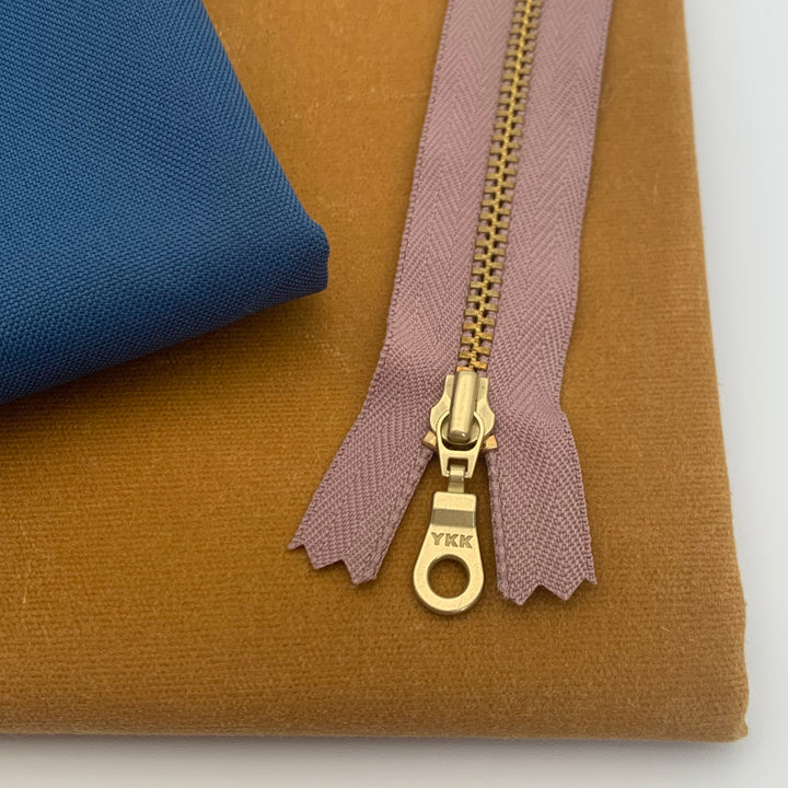 Mauve YKK metal gold zipper 10" to 18"