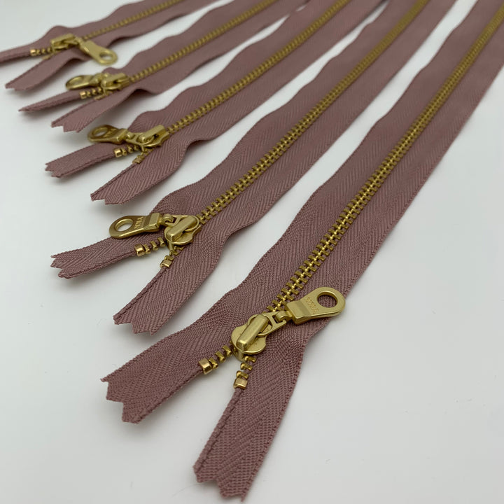 Mauve YKK metal gold zipper 10" to 18"