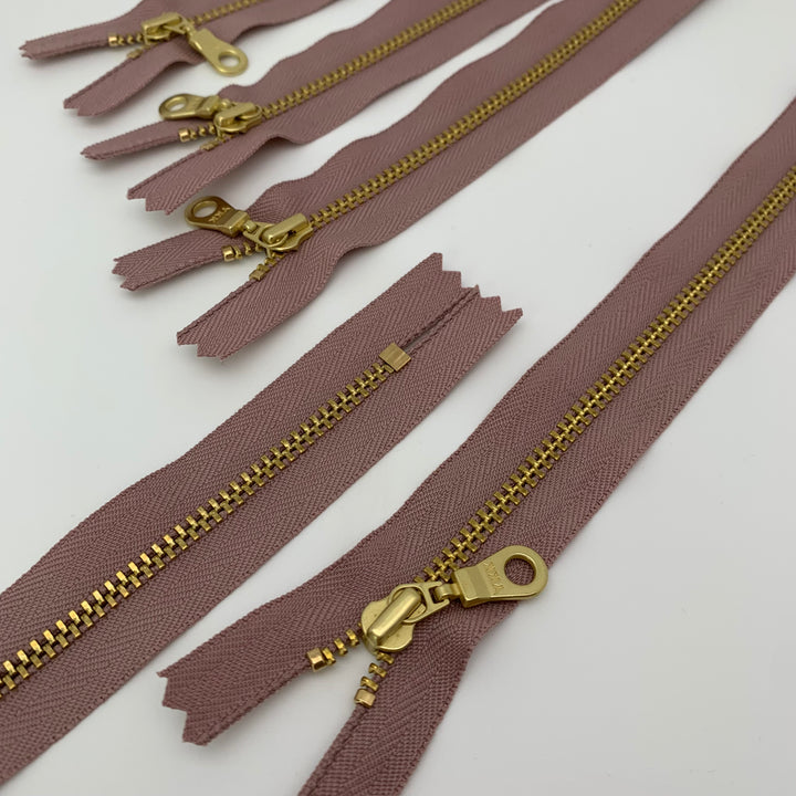 Mauve YKK metal gold zipper 10" to 18"