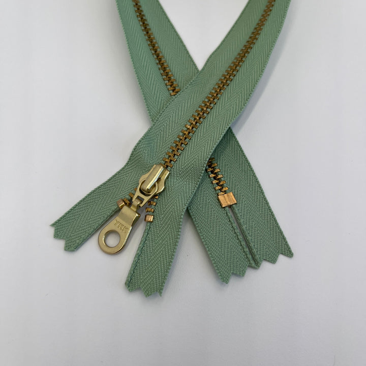 Pastel Green YKK metal gold zipper 5" to 22"