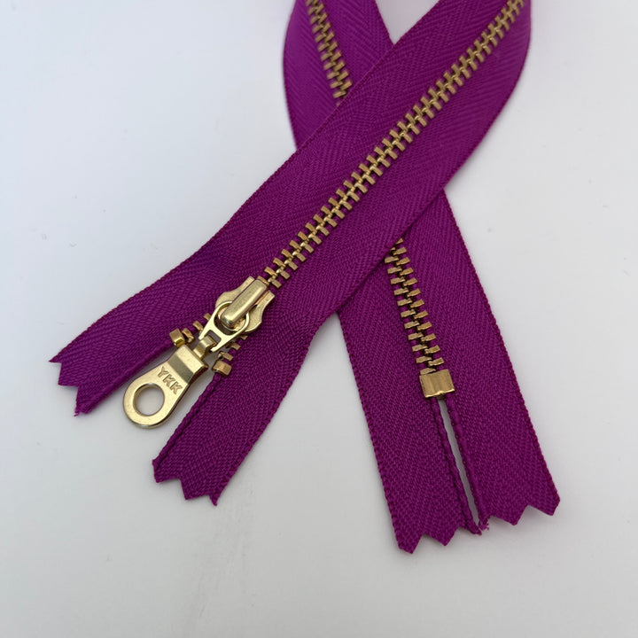 Magenta YKK metal gold zipper 6" to 22"