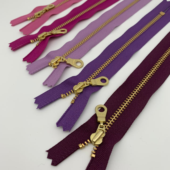 Plum YKK metal gold zipper 5" to 22"