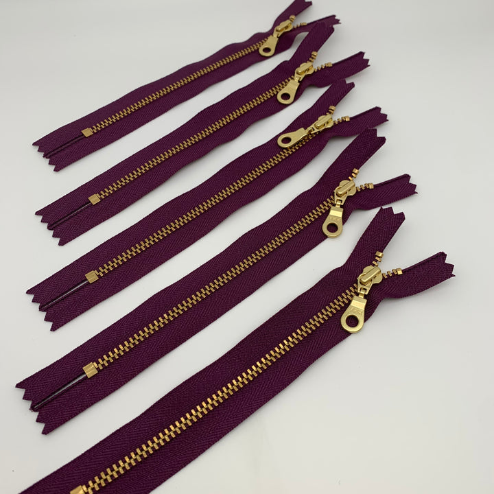 Plum YKK metal gold zipper 5" to 22"