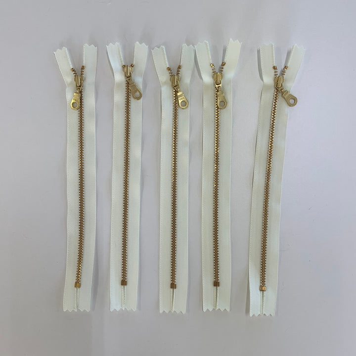 Ivory 5pc YKK metal gold donut pull zipper  5 to 14"