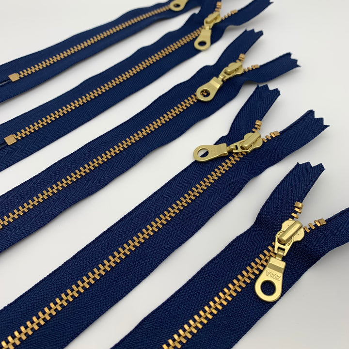 Navy 5pc YKK metal gold zipper donut pull | 5" to 18" 22"