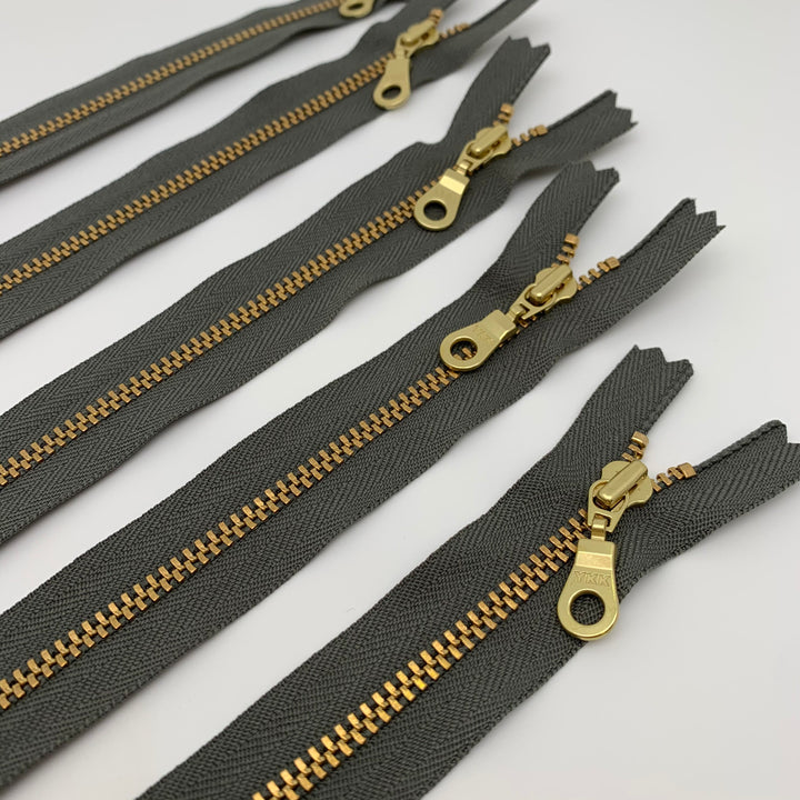 Slate grey 5pc YKK metal gold zipper donut pull | 5" to 22"