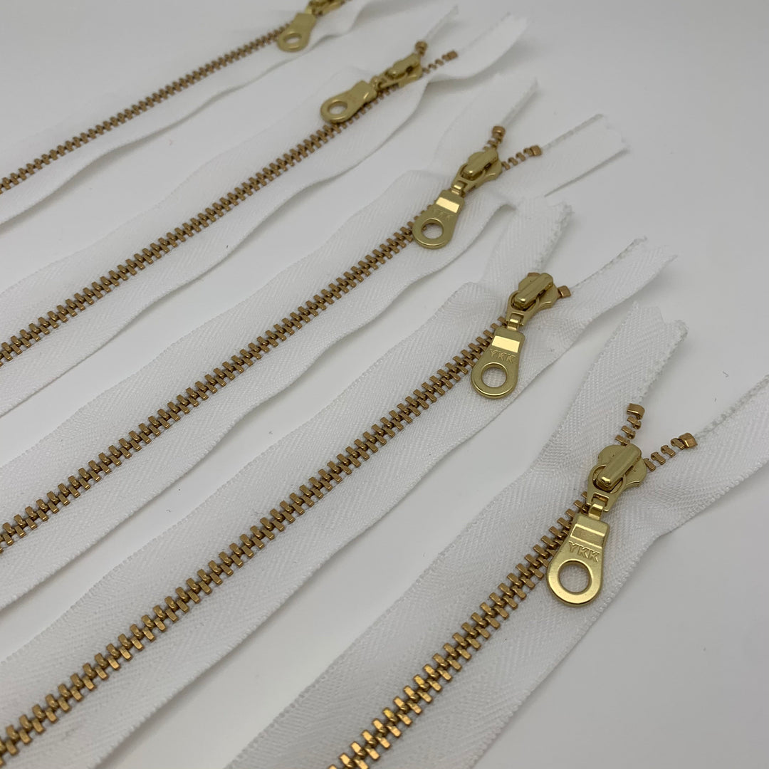 White 5pc YKK metal gold zipper donut pull | 5" to 20"