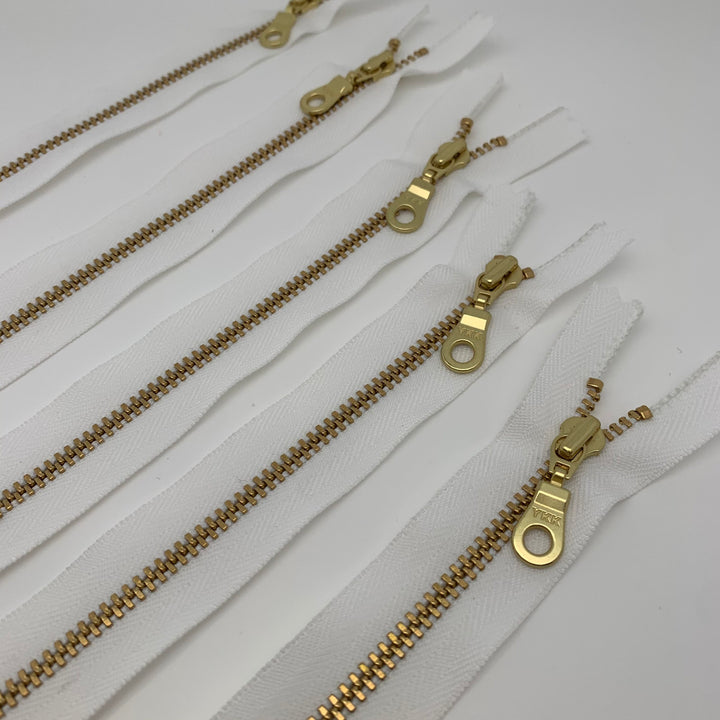 White 5pc YKK metal gold zipper donut pull | 5" to 20"
