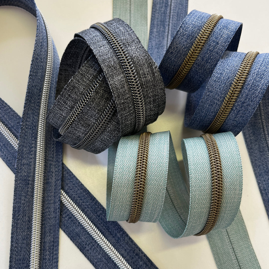 Denim Sage #5 Bronze zipper coil
