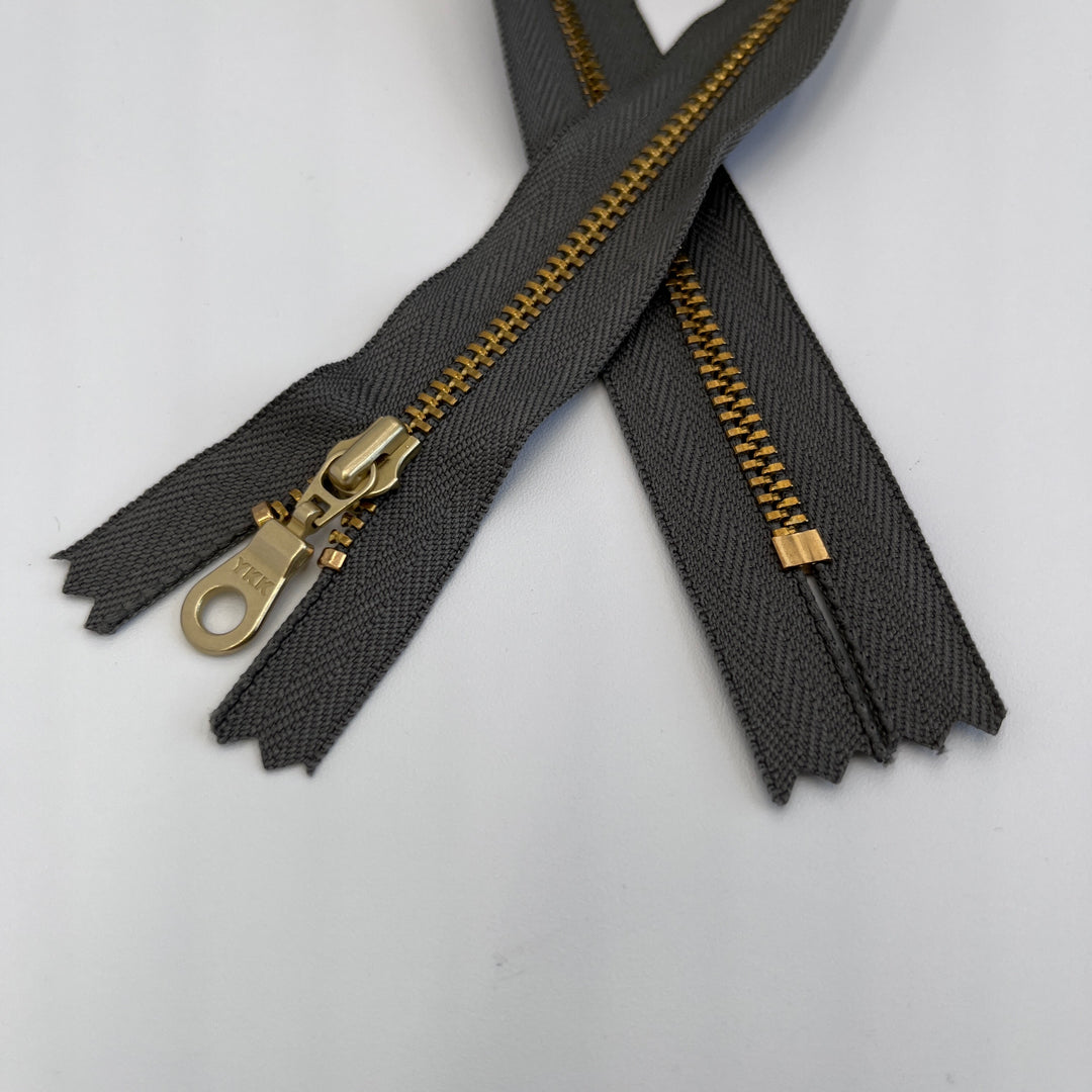 Slate grey YKK metal gold zipper 5" to 22"