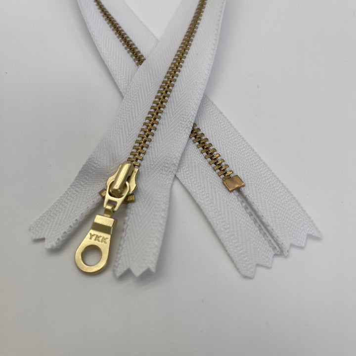 White YKK metal gold zipper 5" to 20"