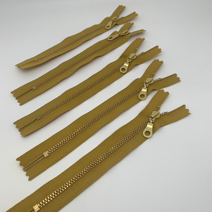 Mustard YKK metal gold zipper 5" to 22"