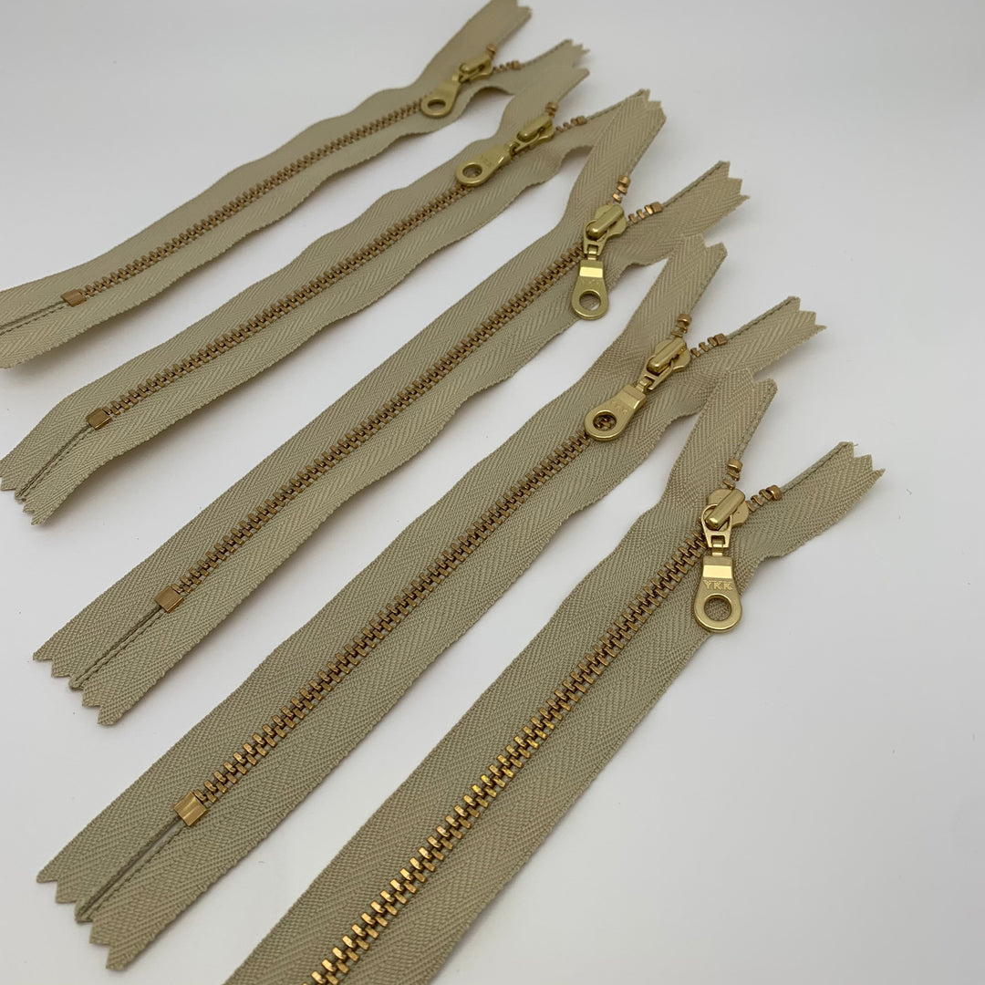 Khaki 5pc YKK metal gold zipper donut pull | 5" to 22" and 30"