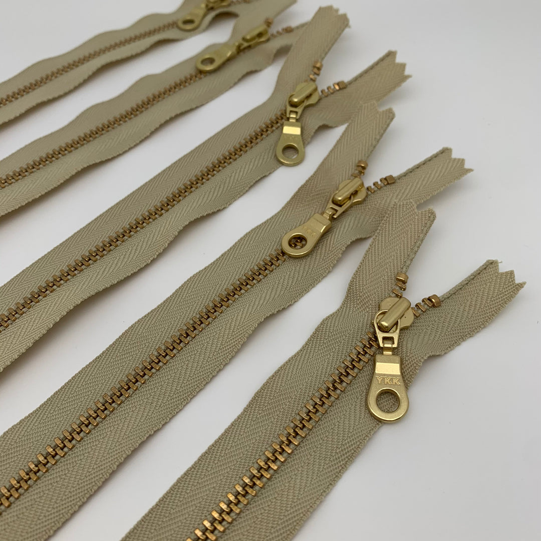 Khaki 5pc YKK metal gold zipper donut pull | 5" to 22" and 30"