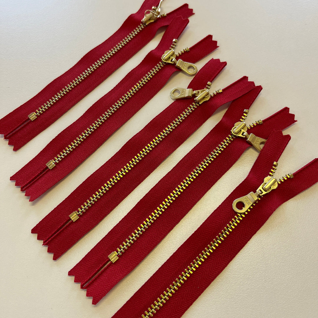 Red 5pc YKK metal gold zipper donut pull | 5" to 36"